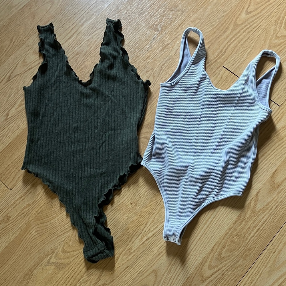 Elegant Ribbed Bodysuit Duo - Olive and Light Gray